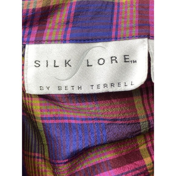 N91. Silk Lore Silk Shirt M Plaid Multicolor Blouse Long Sleeve Collared Button - Picture 7 of 8